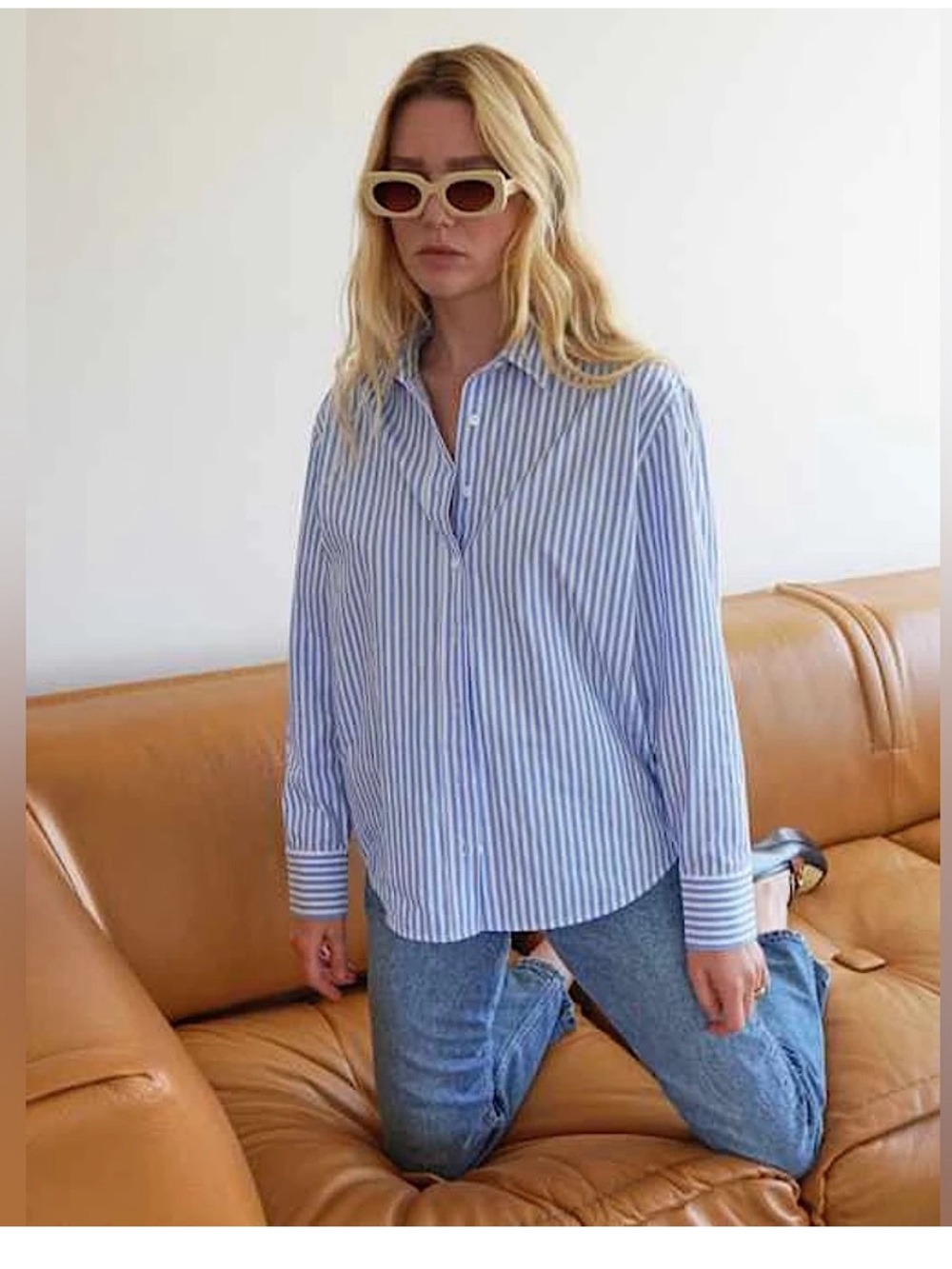 Reformation boxy cropped striped white blue shirt S cotton - Picture 2 of 10